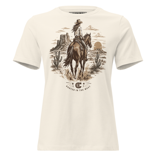 cowgirl head west on a horse in the desert landscape with the sun setting in the distance with ce logo and words rooted in the west #natural