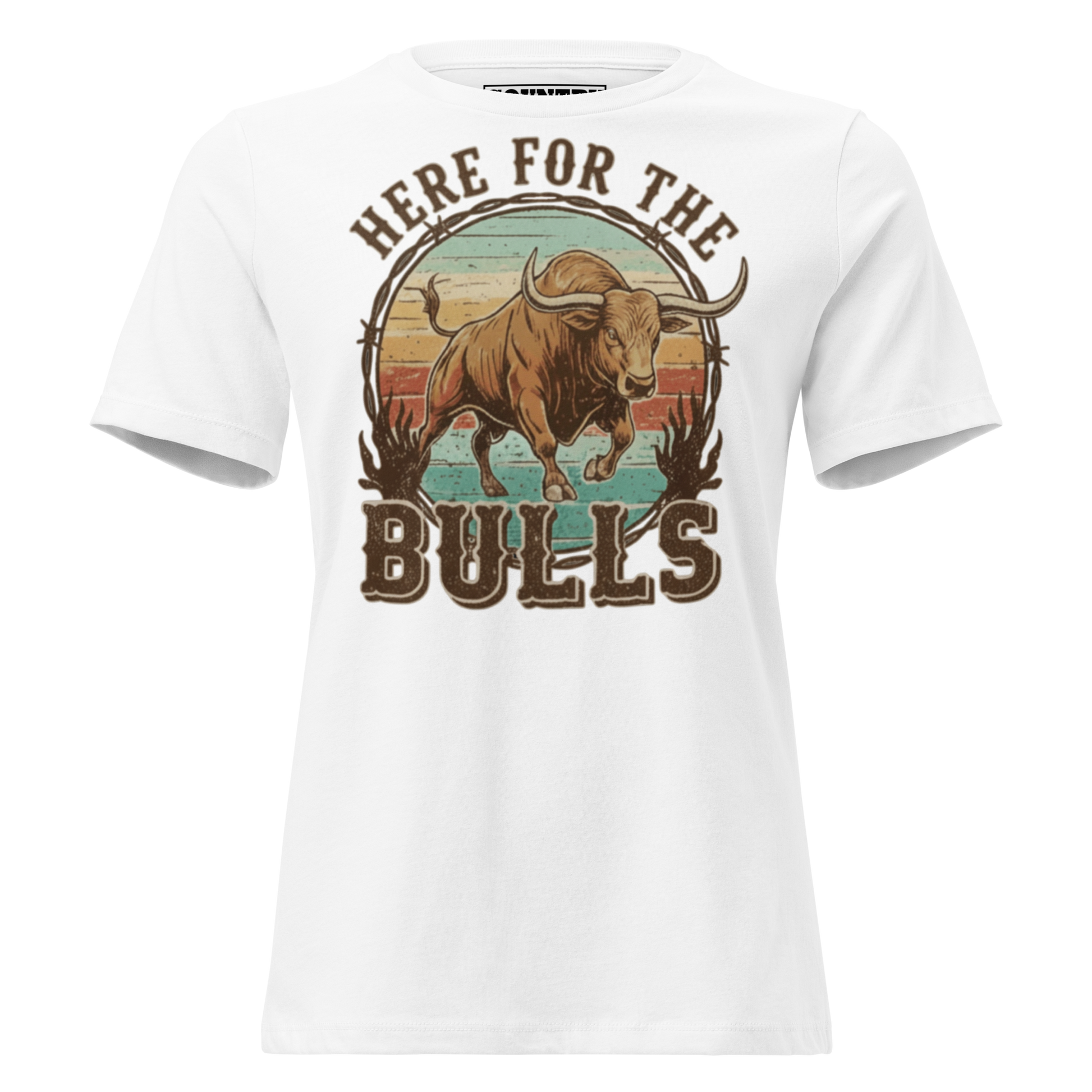 T-shirt with graphic of retro coloring, a bull, and the words here for the bulls. #white