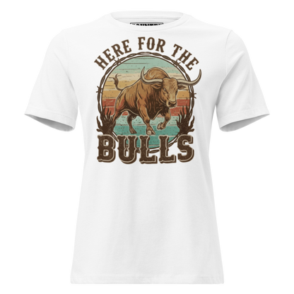 T-shirt with graphic of retro coloring, a bull, and the words here for the bulls. #white