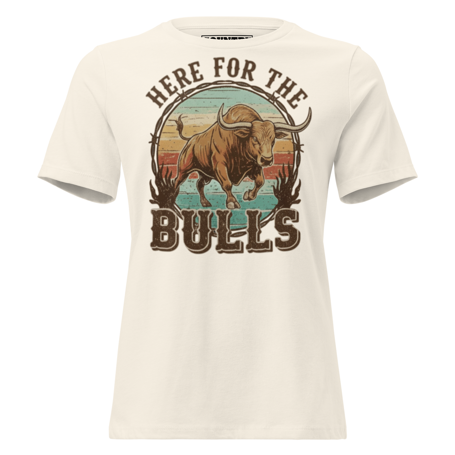 T-shirt with graphic of retro coloring, a bull, and the words here for the bulls. #natural