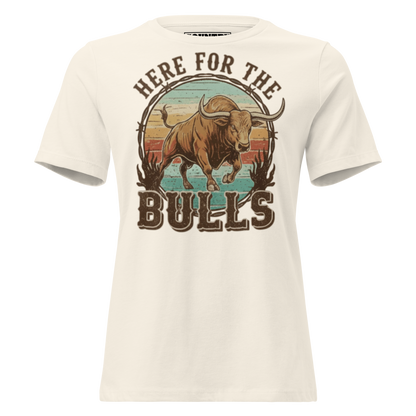 T-shirt with graphic of retro coloring, a bull, and the words here for the bulls. #natural