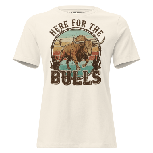 T-shirt with graphic of retro coloring, a bull, and the words here for the bulls. #natural