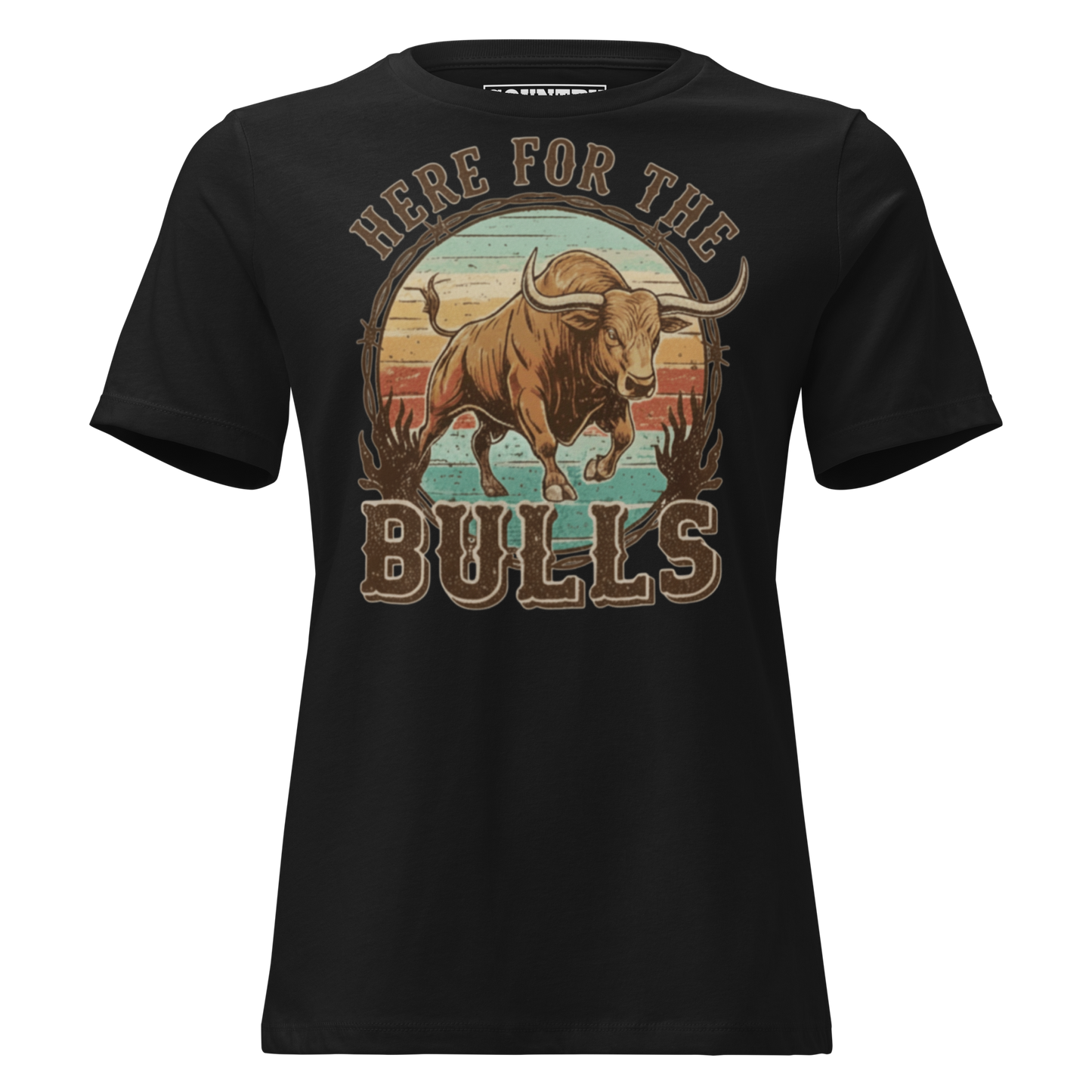 Black t-shirt with graphic of retro coloring, a bull, and the words here for the bulls. #black