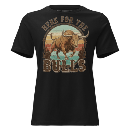 Black t-shirt with graphic of retro coloring, a bull, and the words here for the bulls. #black