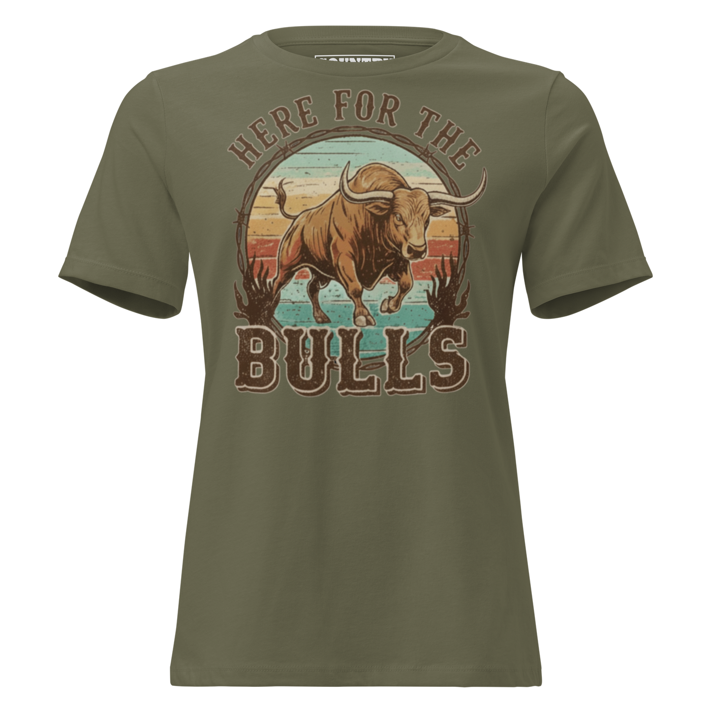 T-shirt with graphic of retro coloring, a bull, and the words here for the bulls. #militarygreen