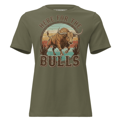 T-shirt with graphic of retro coloring, a bull, and the words here for the bulls. #militarygreen