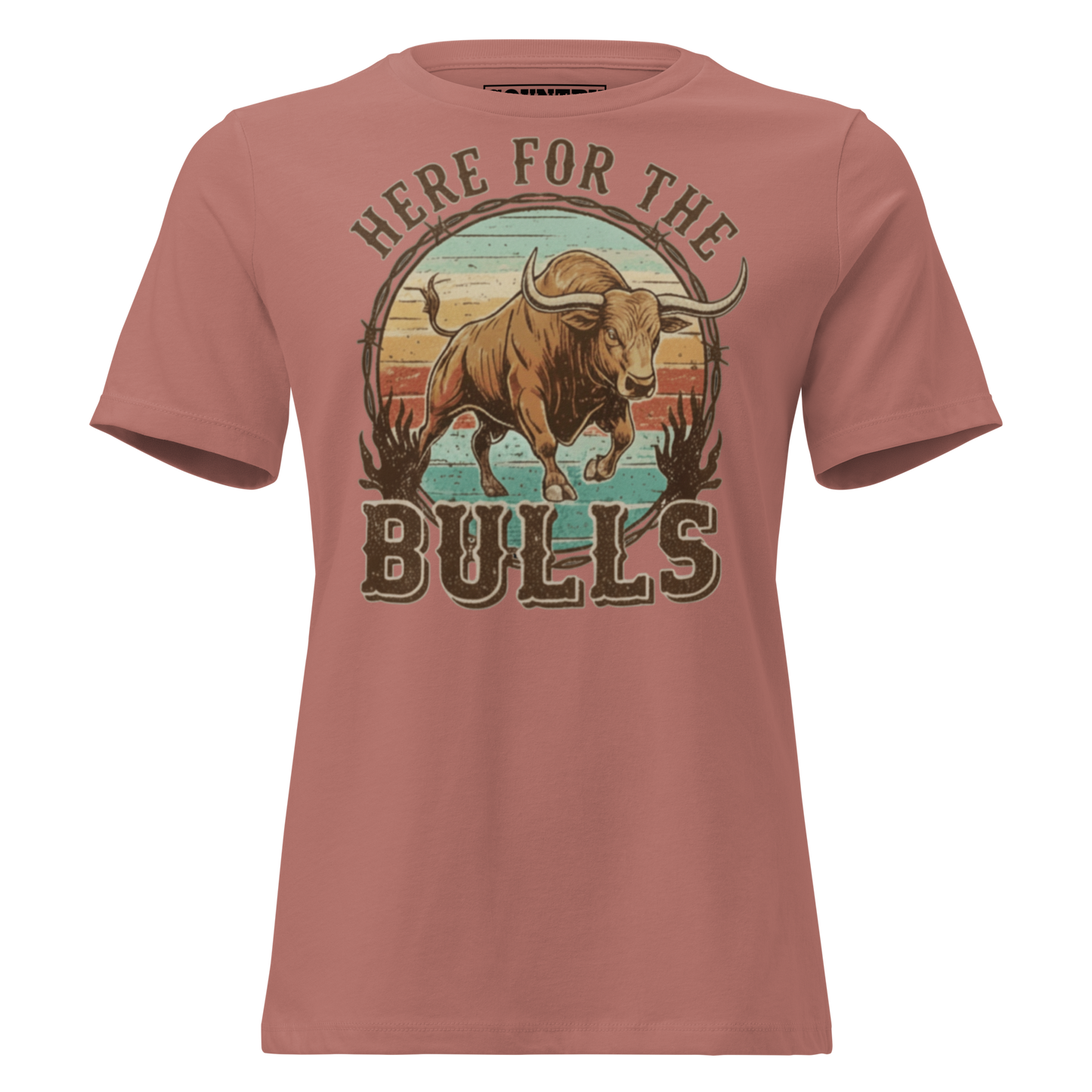 T-shirt with graphic of retro coloring, a bull, and the words here for the bulls. #mauve