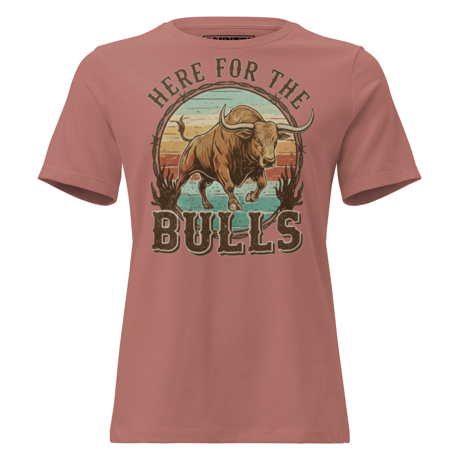 T-shirt with graphic of retro coloring, a bull, and the words here for the bulls. #mauve