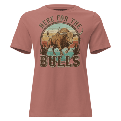 T-shirt with graphic of retro coloring, a bull, and the words here for the bulls. #mauve