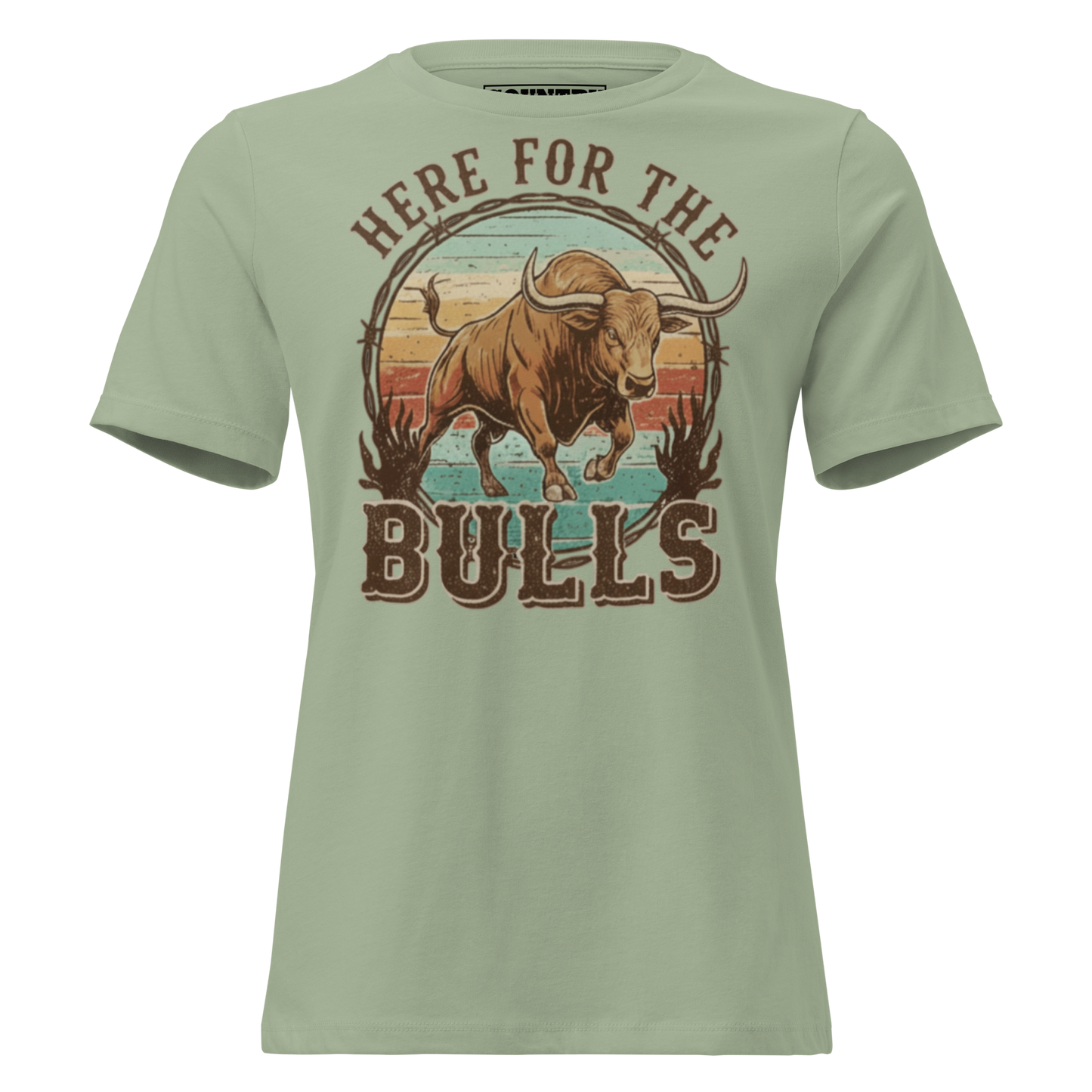 T-shirt with graphic of retro coloring, a bull, and the words here for the bulls. #sage
