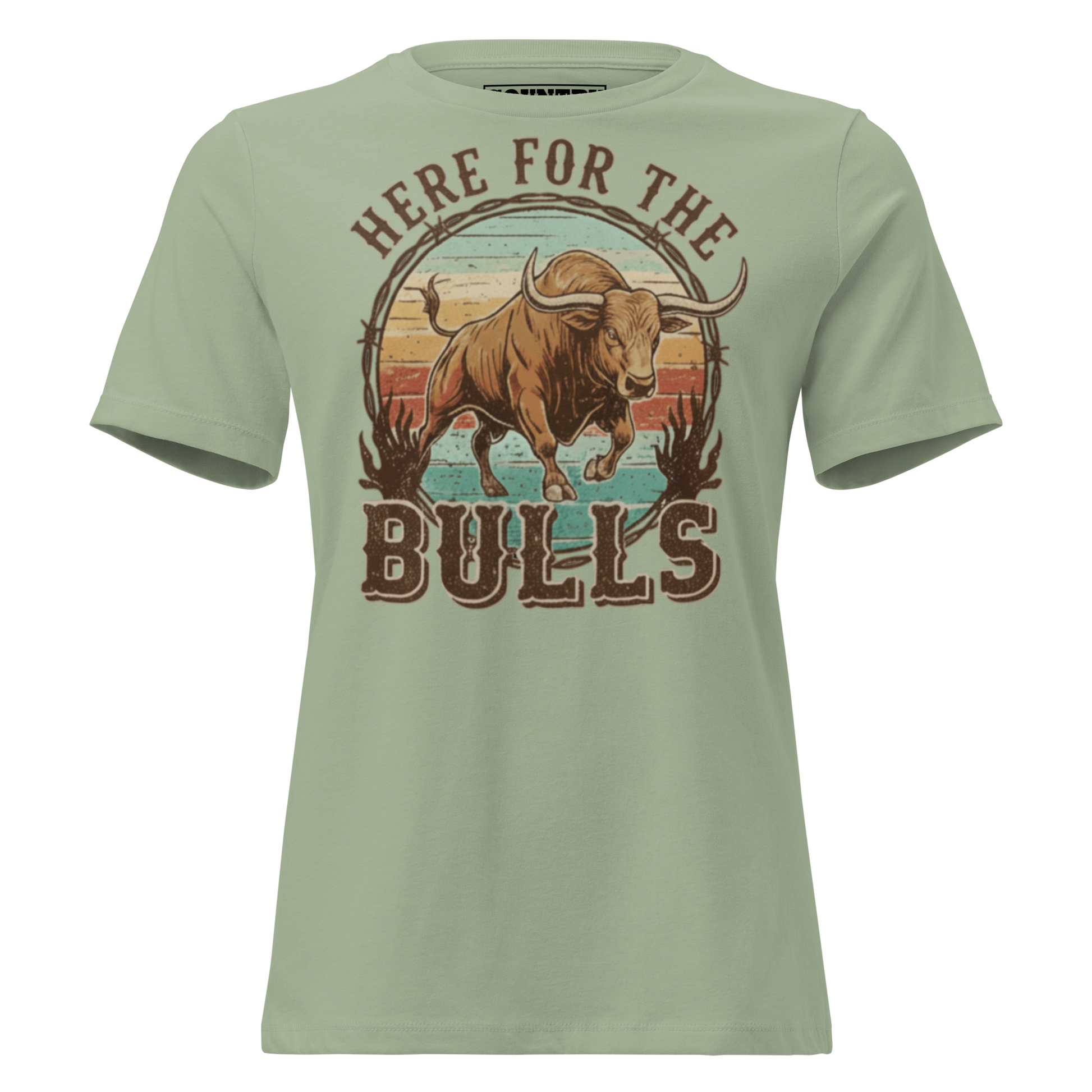 T-shirt with graphic of retro coloring, a bull, and the words here for the bulls. #sage