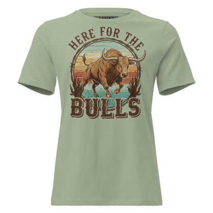 T-shirt with graphic of retro coloring, a bull, and the words here for the bulls. #sage