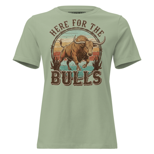 T-shirt with graphic of retro coloring, a bull, and the words here for the bulls. #sage