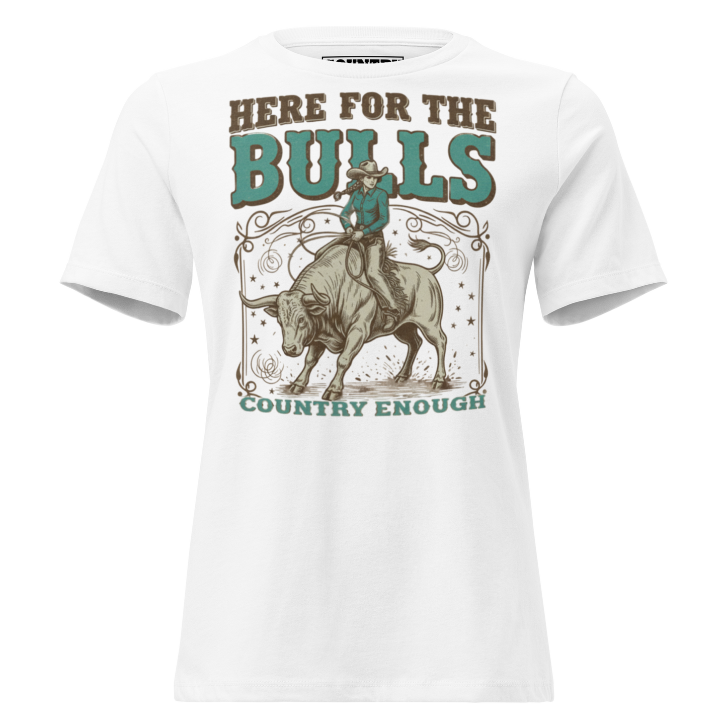 T-shirt with graphic of cowgirl on top of a bull and words here for the bulls #white