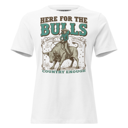 T-shirt with graphic of cowgirl on top of a bull and words here for the bulls #white