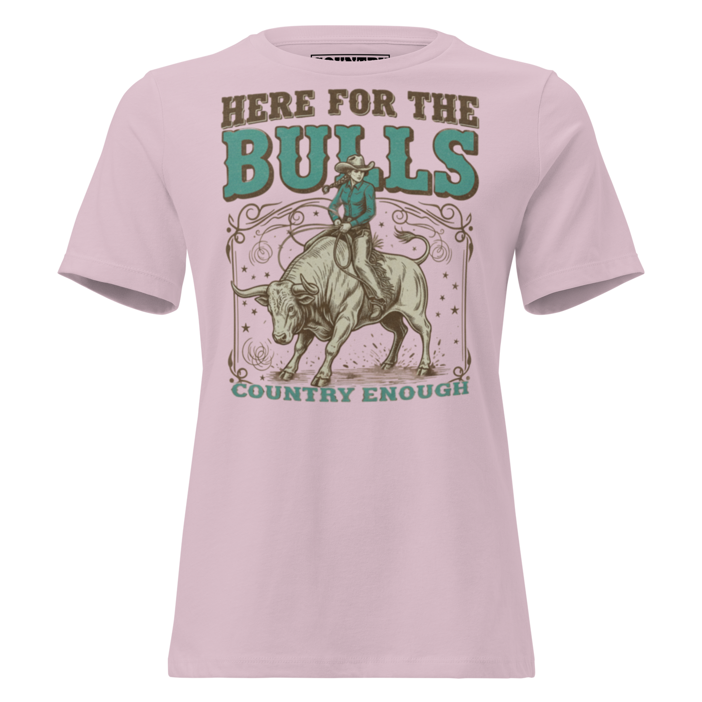 T-shirt with graphic of cowgirl on top of a bull and words here for the bulls #lightviolet