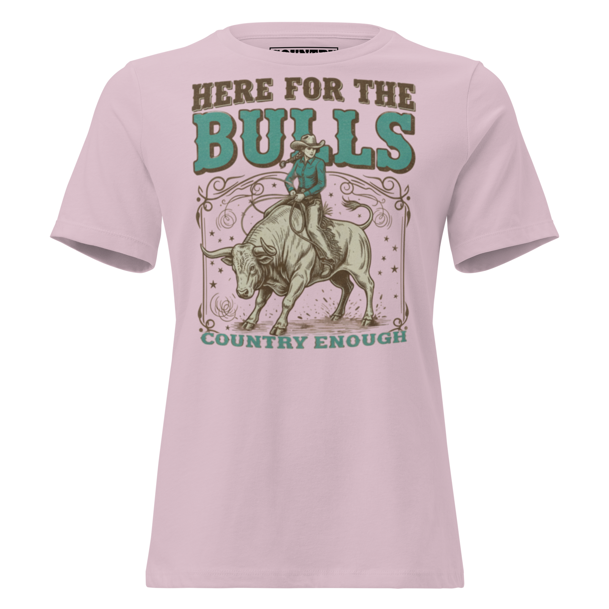 T-shirt with graphic of cowgirl on top of a bull and words here for the bulls #lightviolet