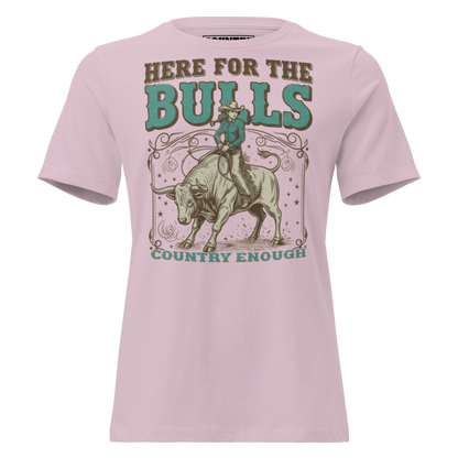 T-shirt with graphic of cowgirl on top of a bull and words here for the bulls #lightviolet