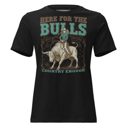 T-shirt with graphic of cowgirl on top of a bull and words here for the bulls #black