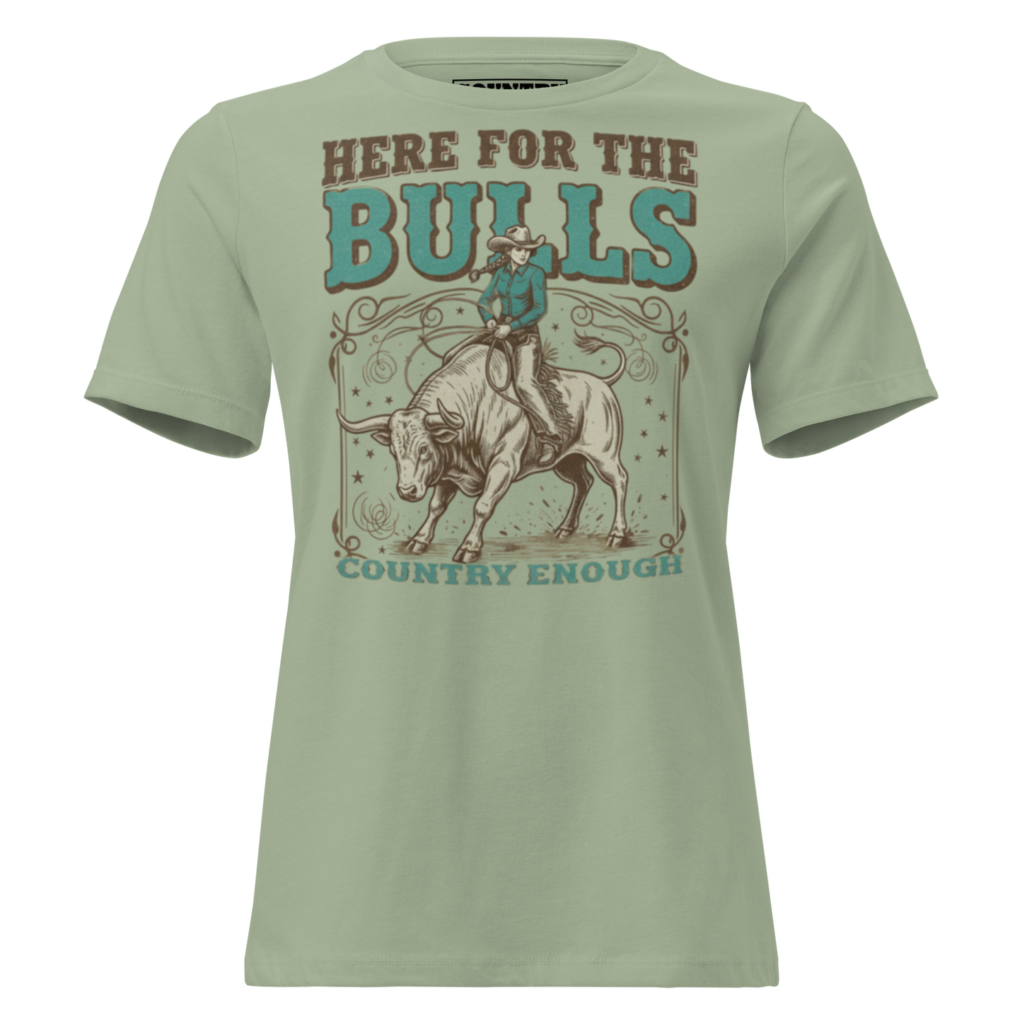 T-shirt with graphic of cowgirl on top of a bull and words here for the bulls #sage