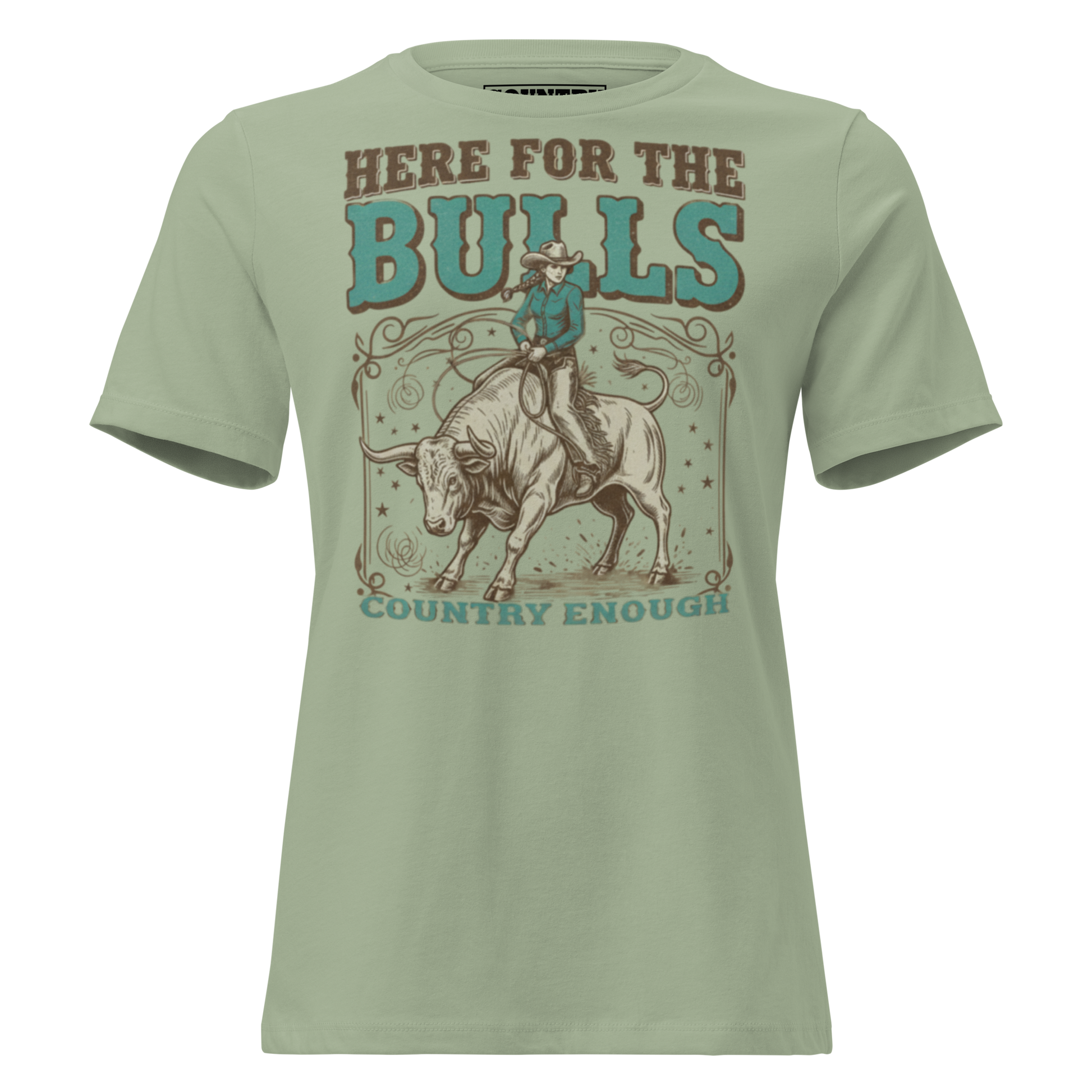 T-shirt with graphic of cowgirl on top of a bull and words here for the bulls #sage