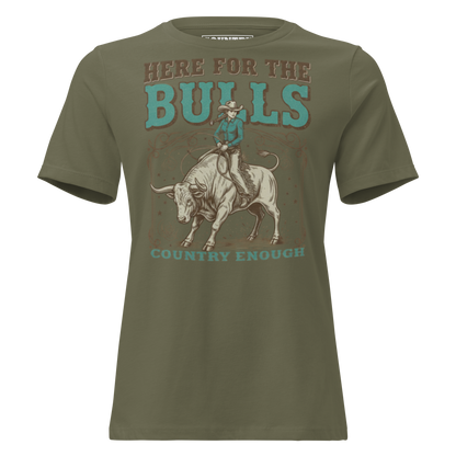 T-shirt with graphic of cowgirl on top of a bull and words here for the bulls #militarygreen