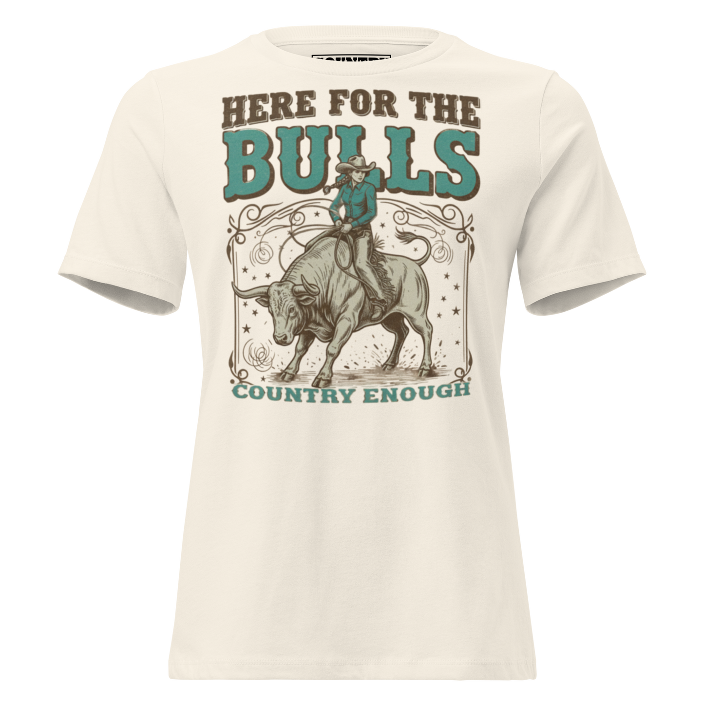 T-shirt with graphic of cowgirl on top of a bull and words here for the bulls #natural