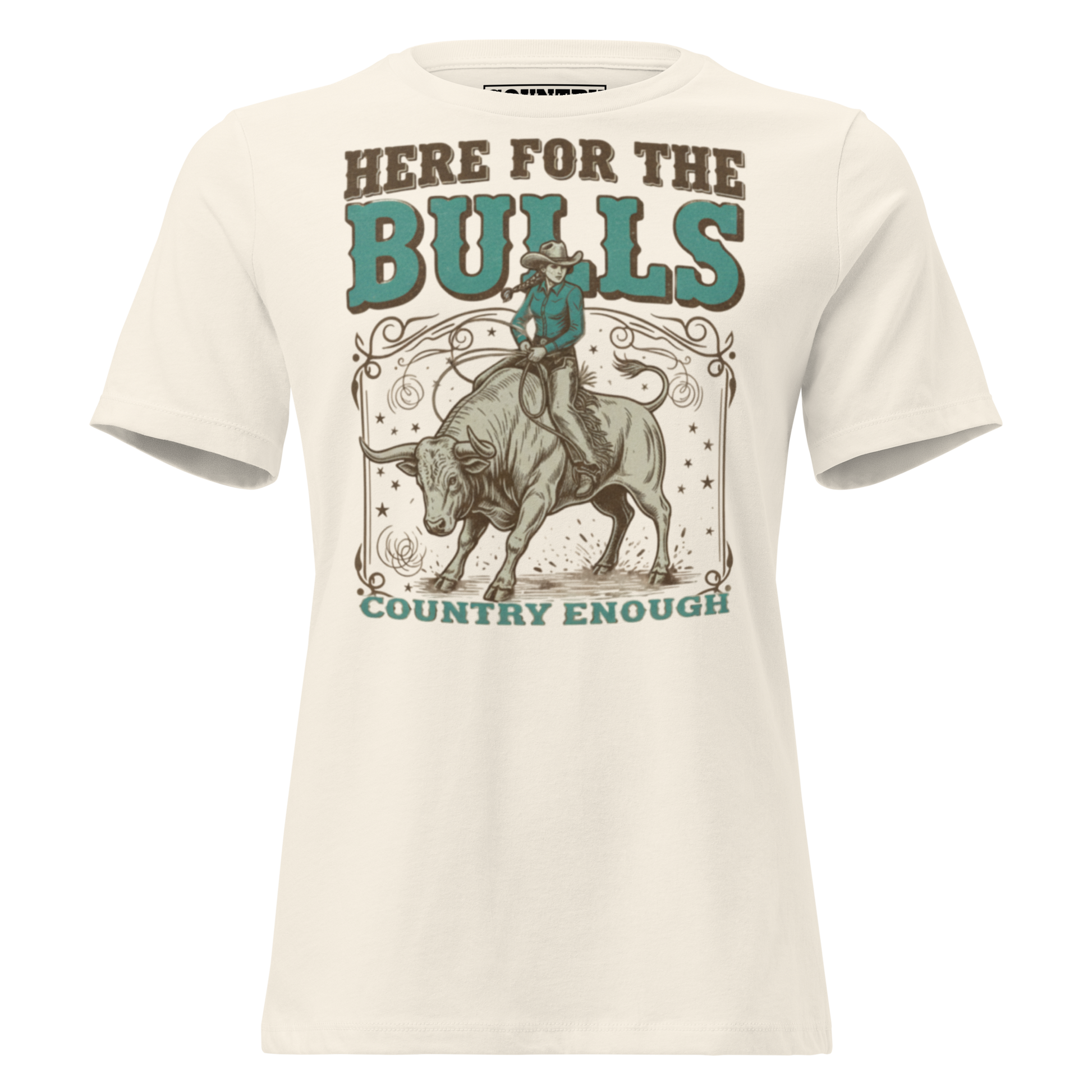 T-shirt with graphic of cowgirl on top of a bull and words here for the bulls #natural
