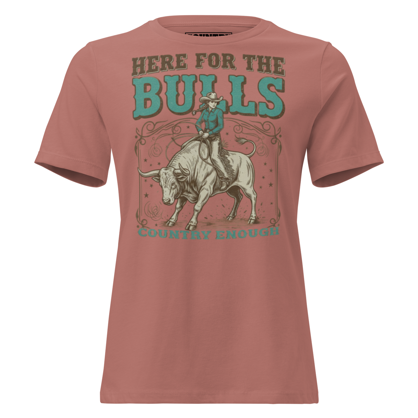 T-shirt with graphic of cowgirl on top of a bull and words here for the bulls #mauve