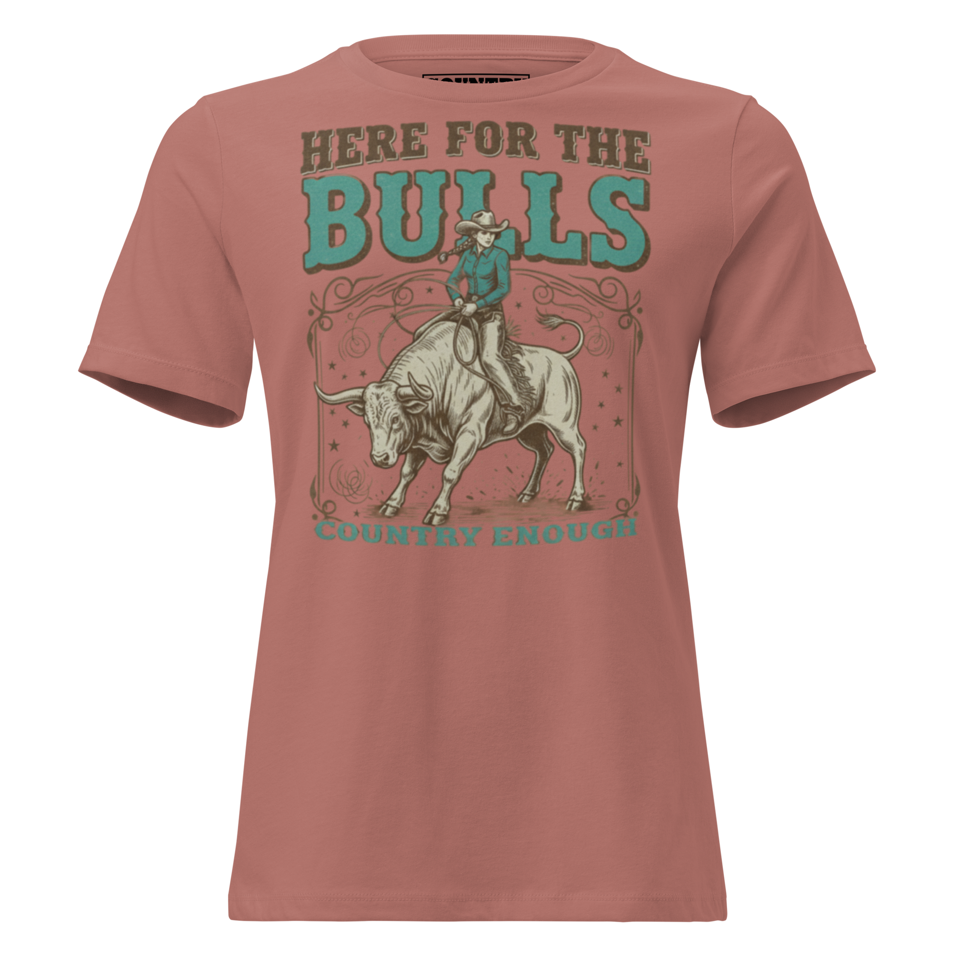 T-shirt with graphic of cowgirl on top of a bull and words here for the bulls #mauve