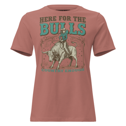 T-shirt with graphic of cowgirl on top of a bull and words here for the bulls #mauve