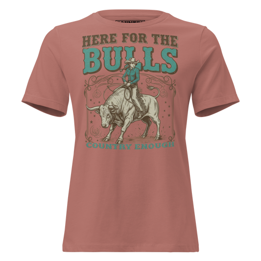 T-shirt with graphic of cowgirl on top of a bull and words here for the bulls #mauve