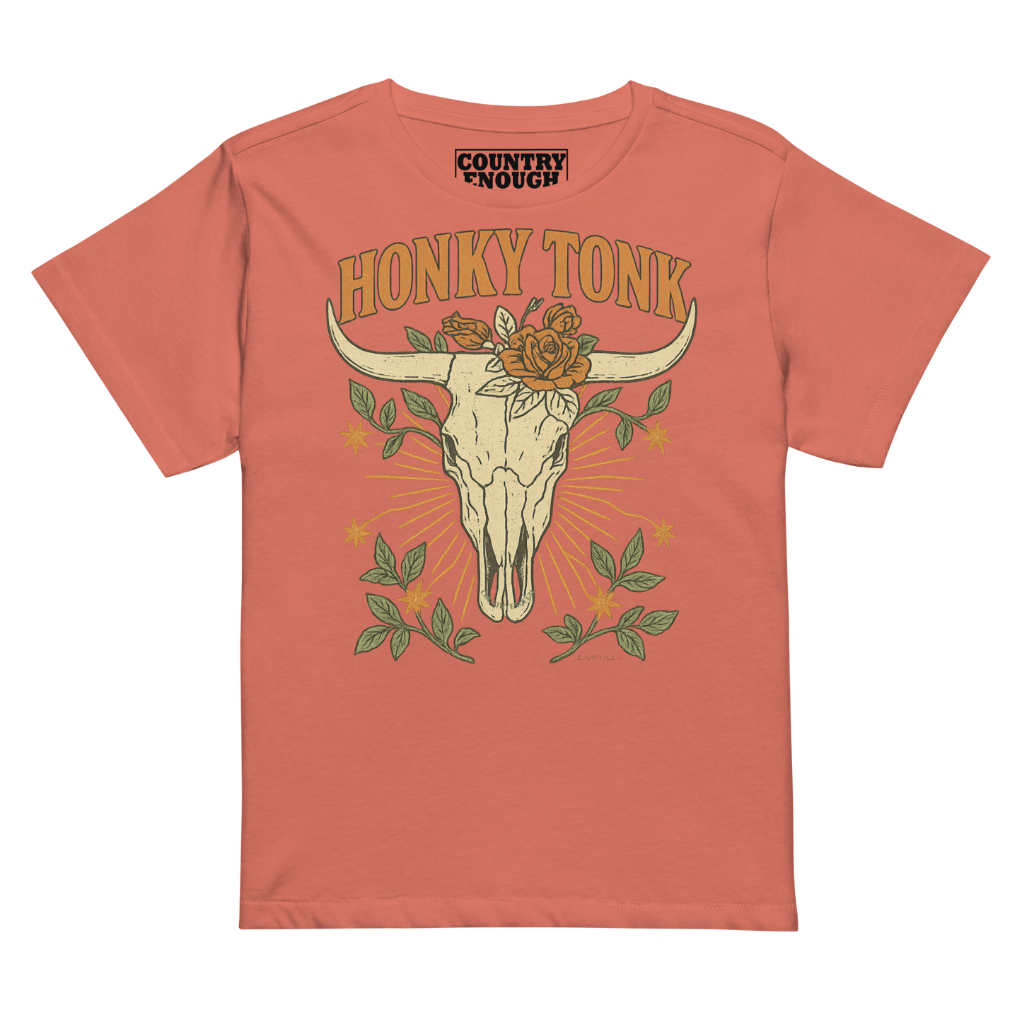 Women's high waist t-shirt with graphic of bull skull and flowers with words honky tonk across the top #redsorbet