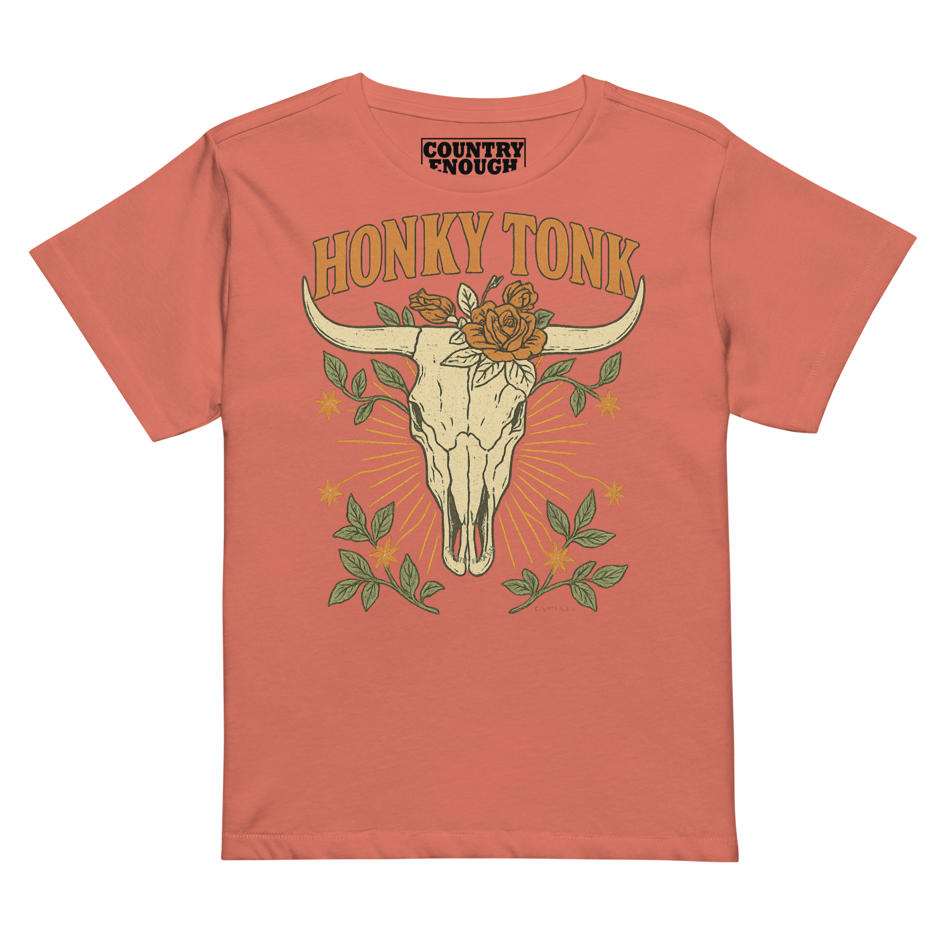 Women's high waist t-shirt with graphic of bull skull and flowers with words honky tonk across the top #redsorbet