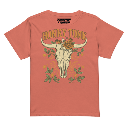 Women's high waist t-shirt with graphic of bull skull and flowers with words honky tonk across the top #redsorbet