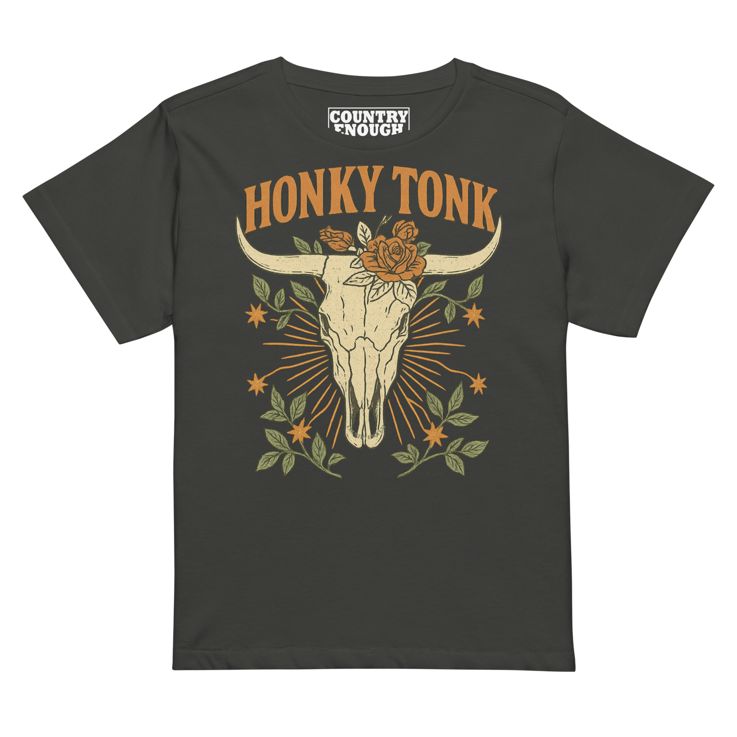 Women's high waist t-shirt with graphic of bull skull and flowers with words honky tonk across the top #vintageblack