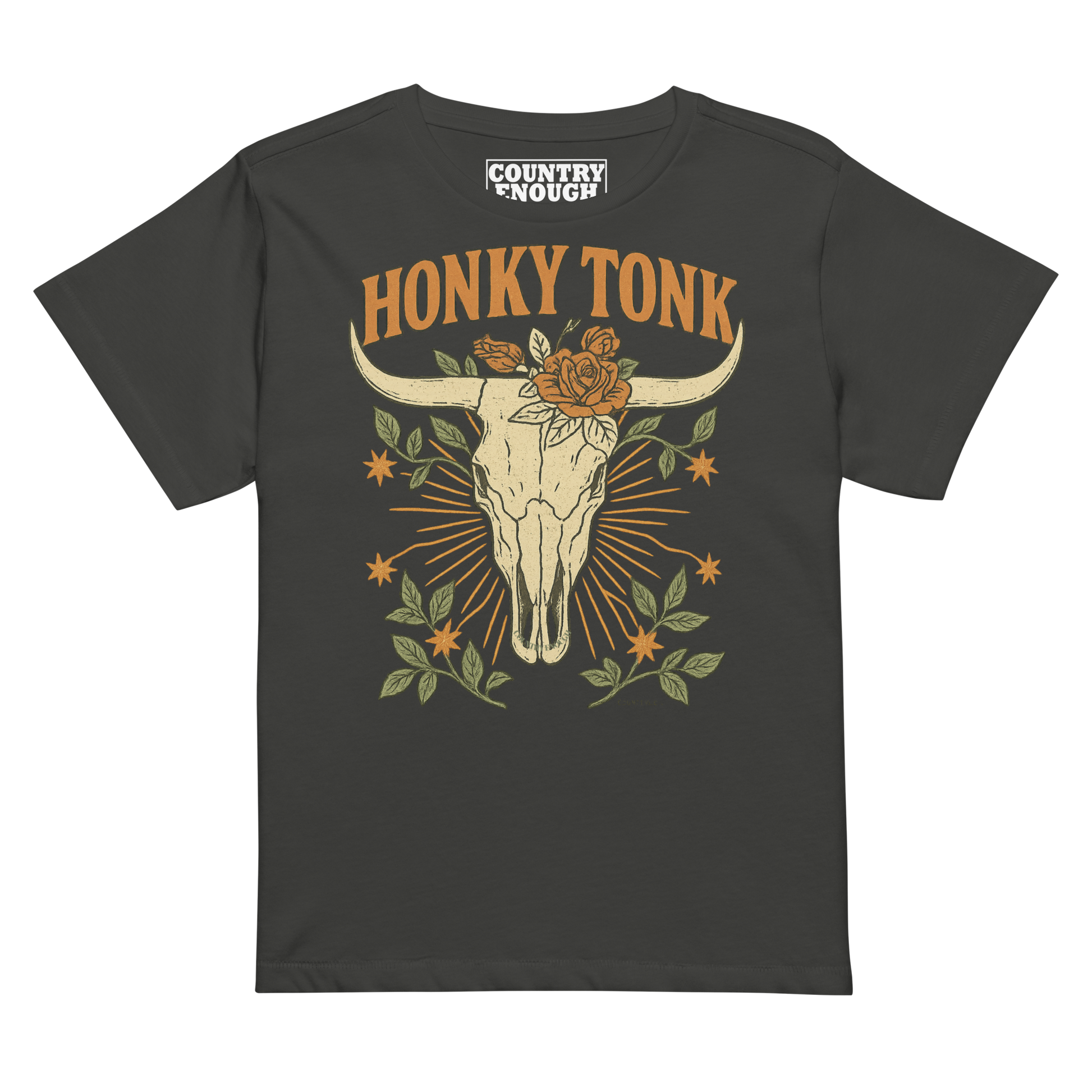 Women's high waist t-shirt with graphic of bull skull and flowers with words honky tonk across the top #vintageblack