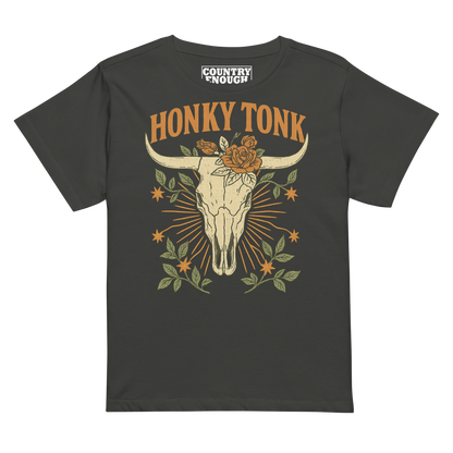 Women's high waist t-shirt with graphic of bull skull and flowers with words honky tonk across the top #vintageblack