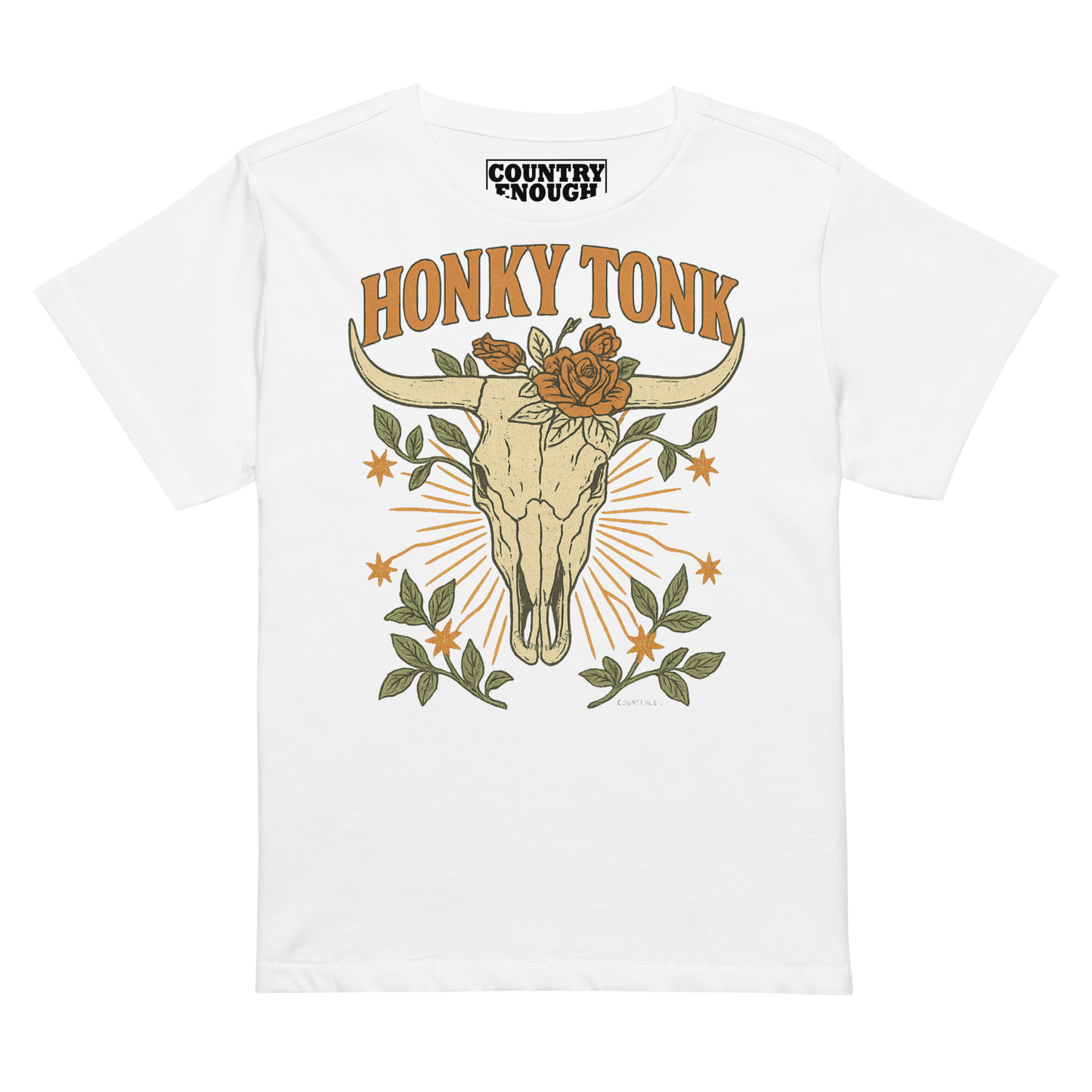 Women's high waist t-shirt with graphic of bull skull and flowers with words honky tonk across the top #white