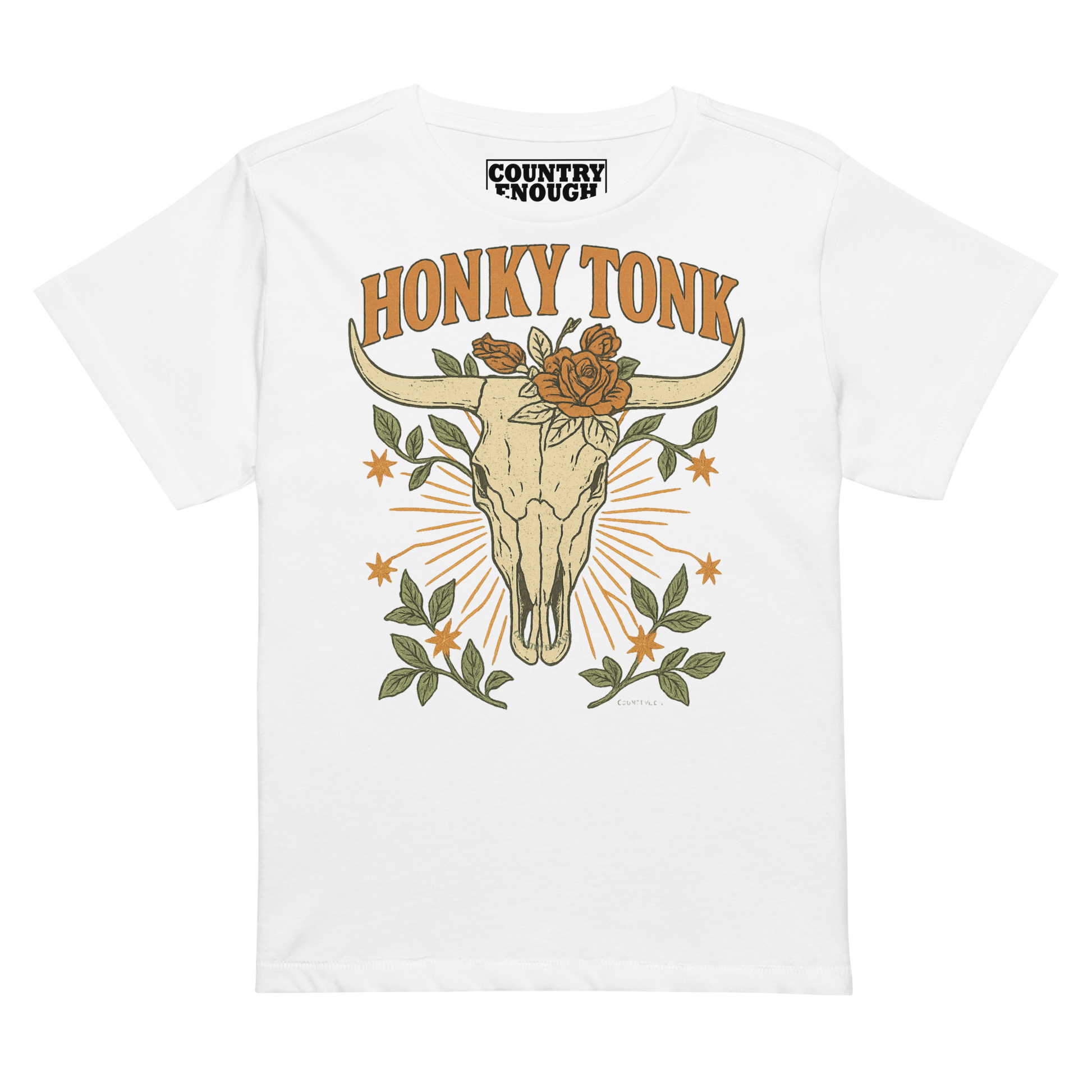 Women's high waist t-shirt with graphic of bull skull and flowers with words honky tonk across the top #white