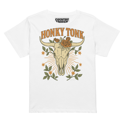 Women's high waist t-shirt with graphic of bull skull and flowers with words honky tonk across the top #white