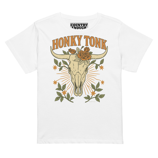 Women's high waist t-shirt with graphic of bull skull and flowers with words honky tonk across the top #white