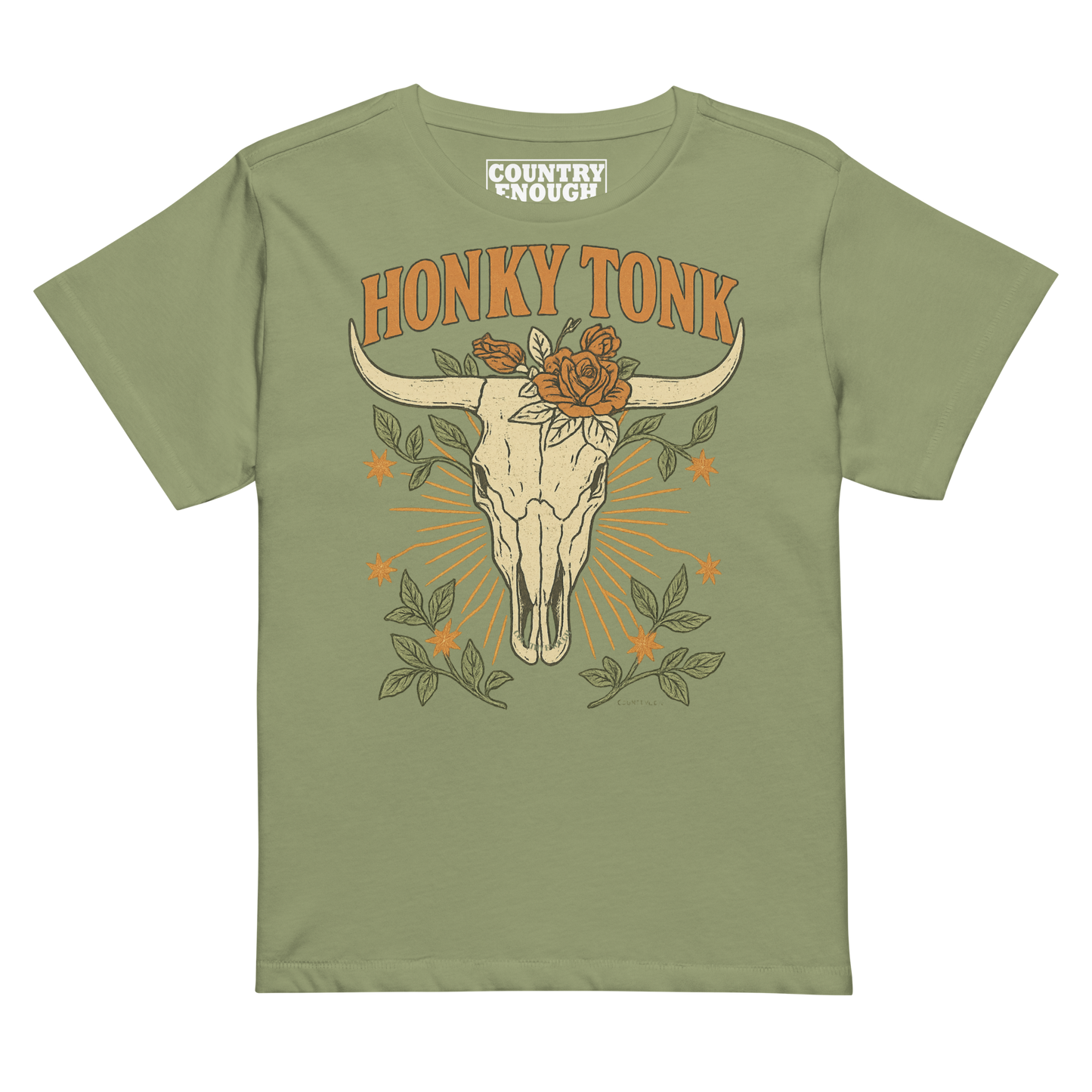 Women's high waist t-shirt with graphic of bull skull and flowers with words honky tonk across the top #artichoke