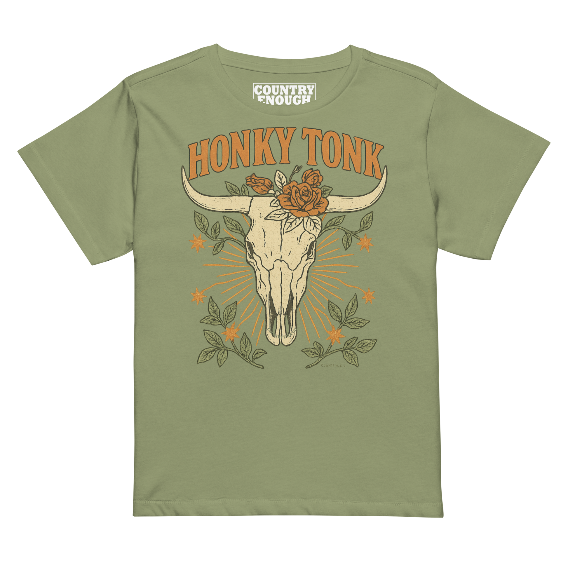 Women's high waist t-shirt with graphic of bull skull and flowers with words honky tonk across the top #artichoke