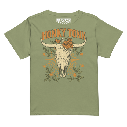 Women's high waist t-shirt with graphic of bull skull and flowers with words honky tonk across the top #artichoke