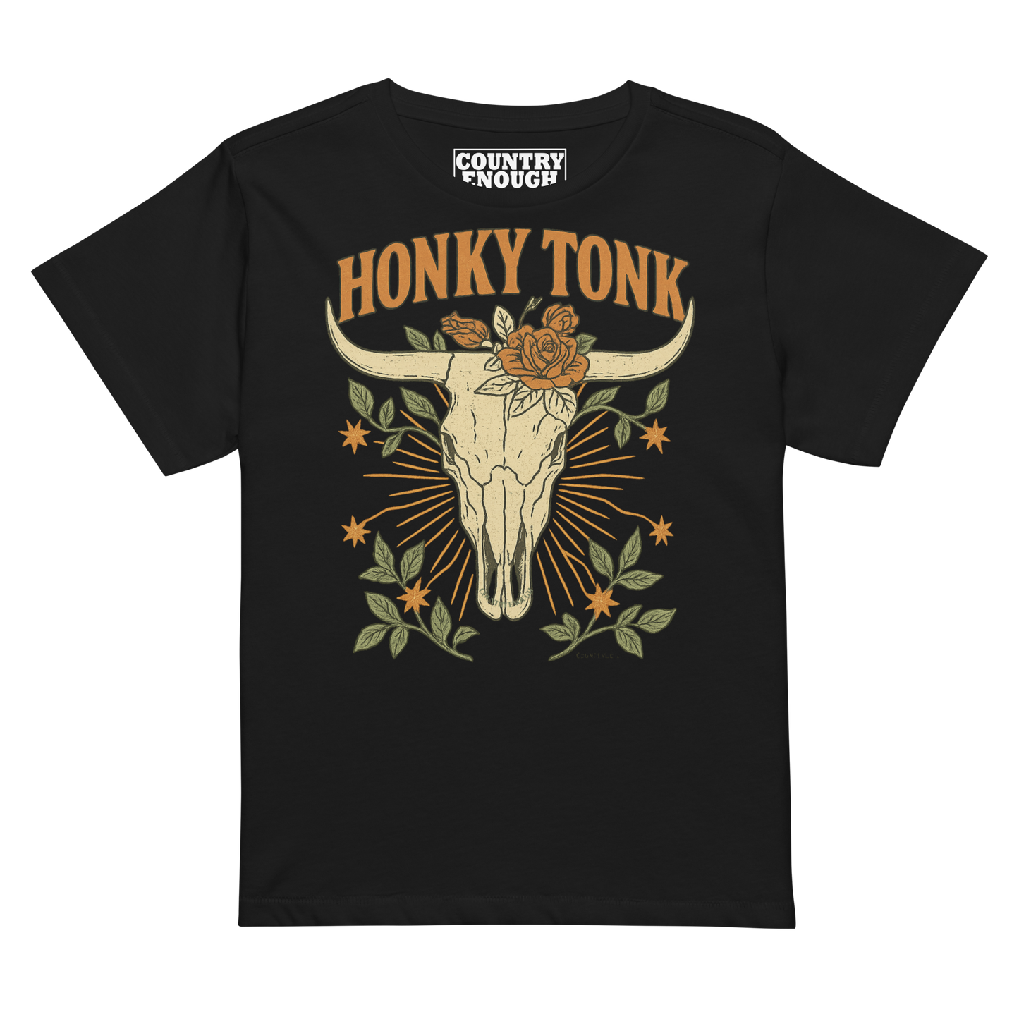 Women's high waist t-shirt with graphic of bull skull and flowers with words honky tonk across the top #black