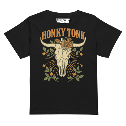 Women's high waist t-shirt with graphic of bull skull and flowers with words honky tonk across the top #black