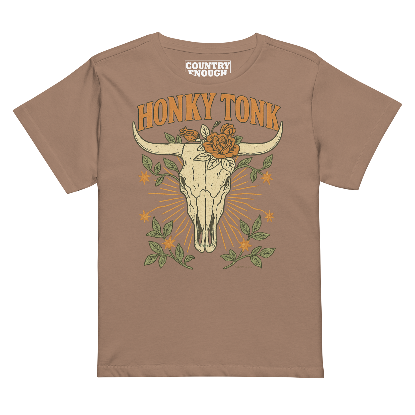Women's high waist t-shirt with graphic of bull skull and flowers with words honky tonk across the top #latte
