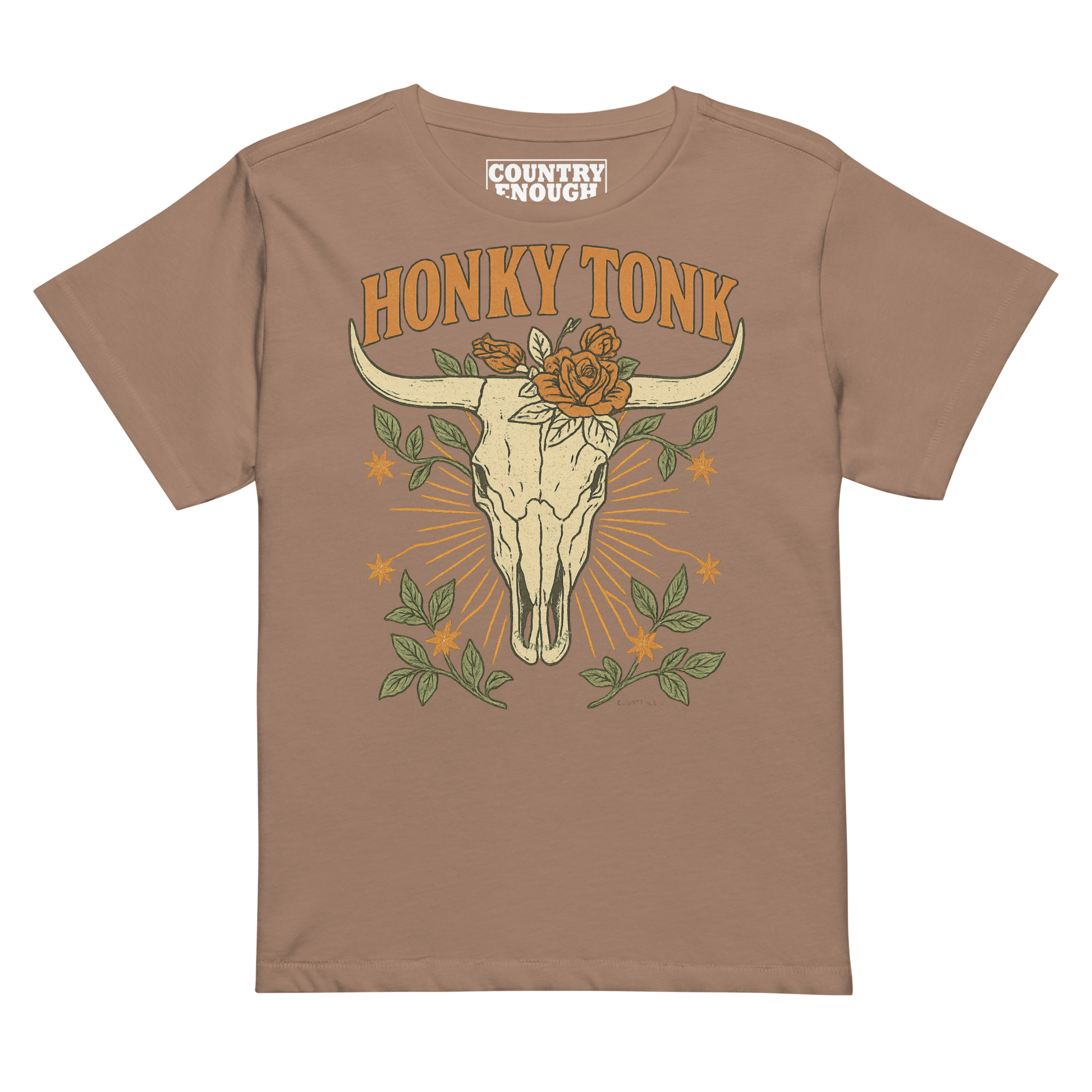 Women's high waist t-shirt with graphic of bull skull and flowers with words honky tonk across the top #latte