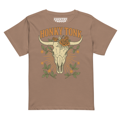 Women's high waist t-shirt with graphic of bull skull and flowers with words honky tonk across the top #latte